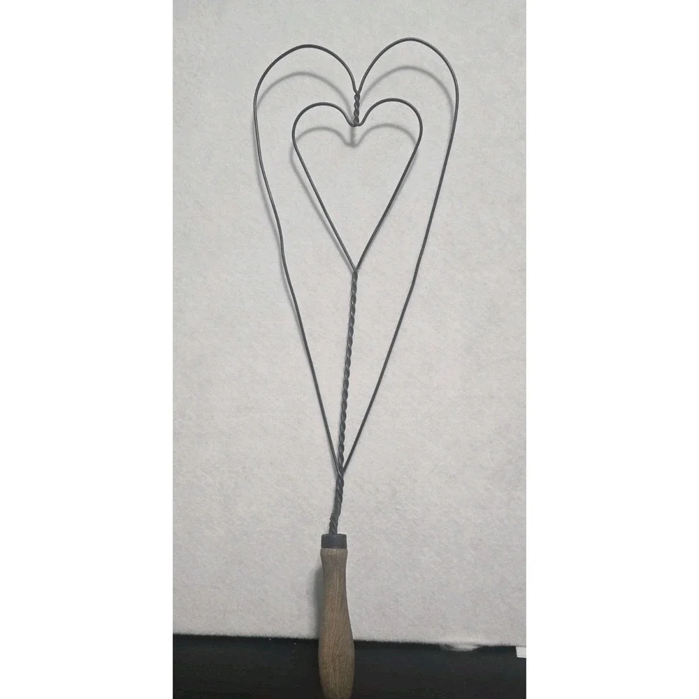 Vintage Large Metal Twiated Wire Double Heart Rug Beater With Wooden Handle
